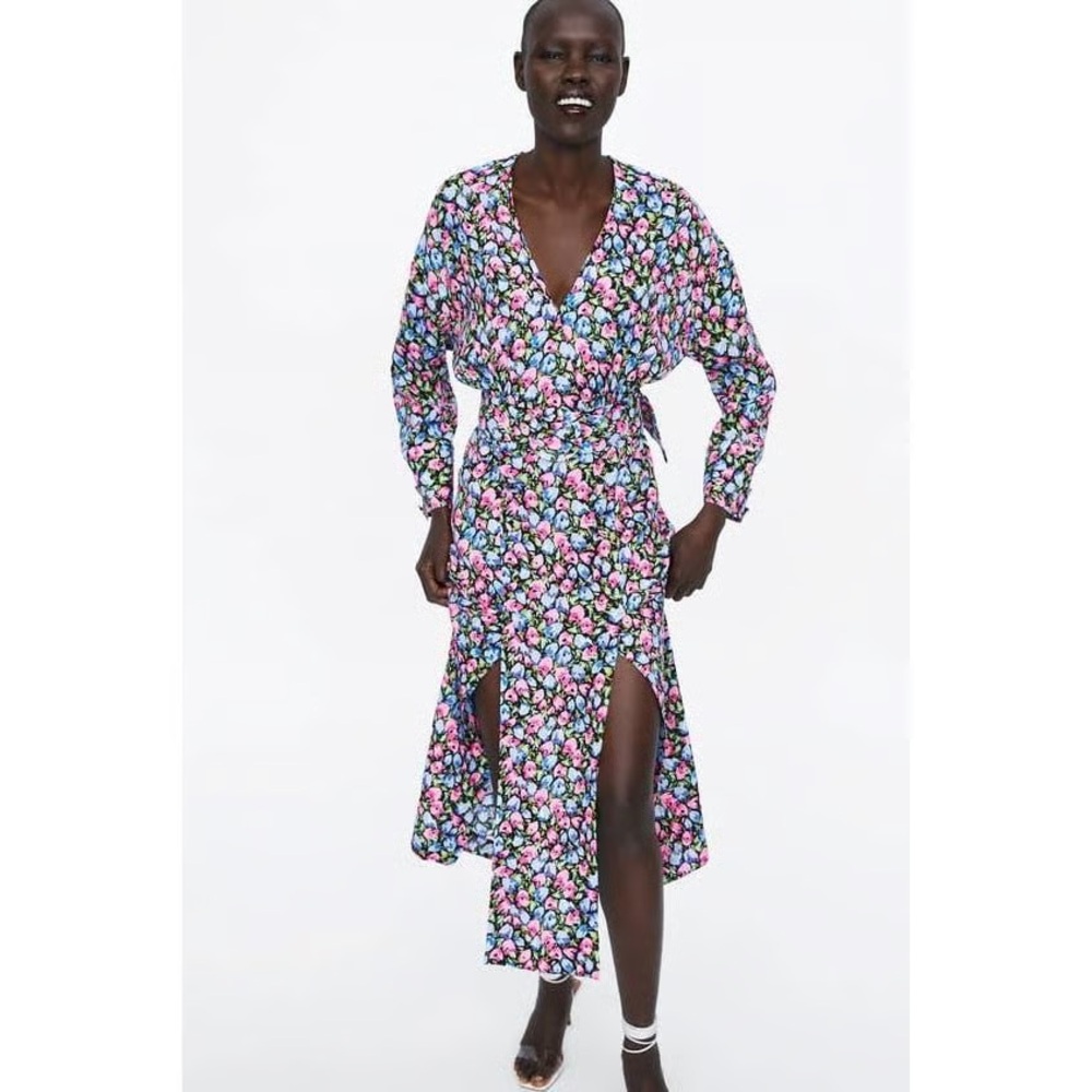 Zara Floral Dress with Belt and Slits